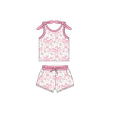Sleeveless pink bow floral top shorts girls clothing set