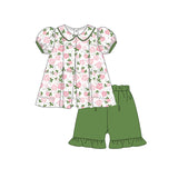 Short sleeves floral tunic green ruffle shorts girls clothes