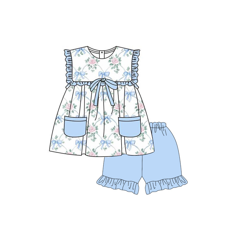 Light blue ruffle floral bow pockets tunic shorts girls clothes