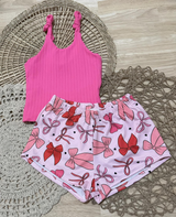 Hot pink straps top bow shorts kids girls clothing set