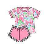 Short sleeves floral bow pink shorts girls summer clothes