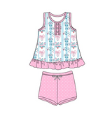 Sleeveless floral bow ruffle top polka dots shorts girls clothes