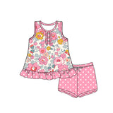 Sleeveless pink floral top polka dots shorts girls clothing