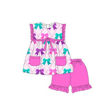 Hot pink ruffle pockets bow baby girls clothing set