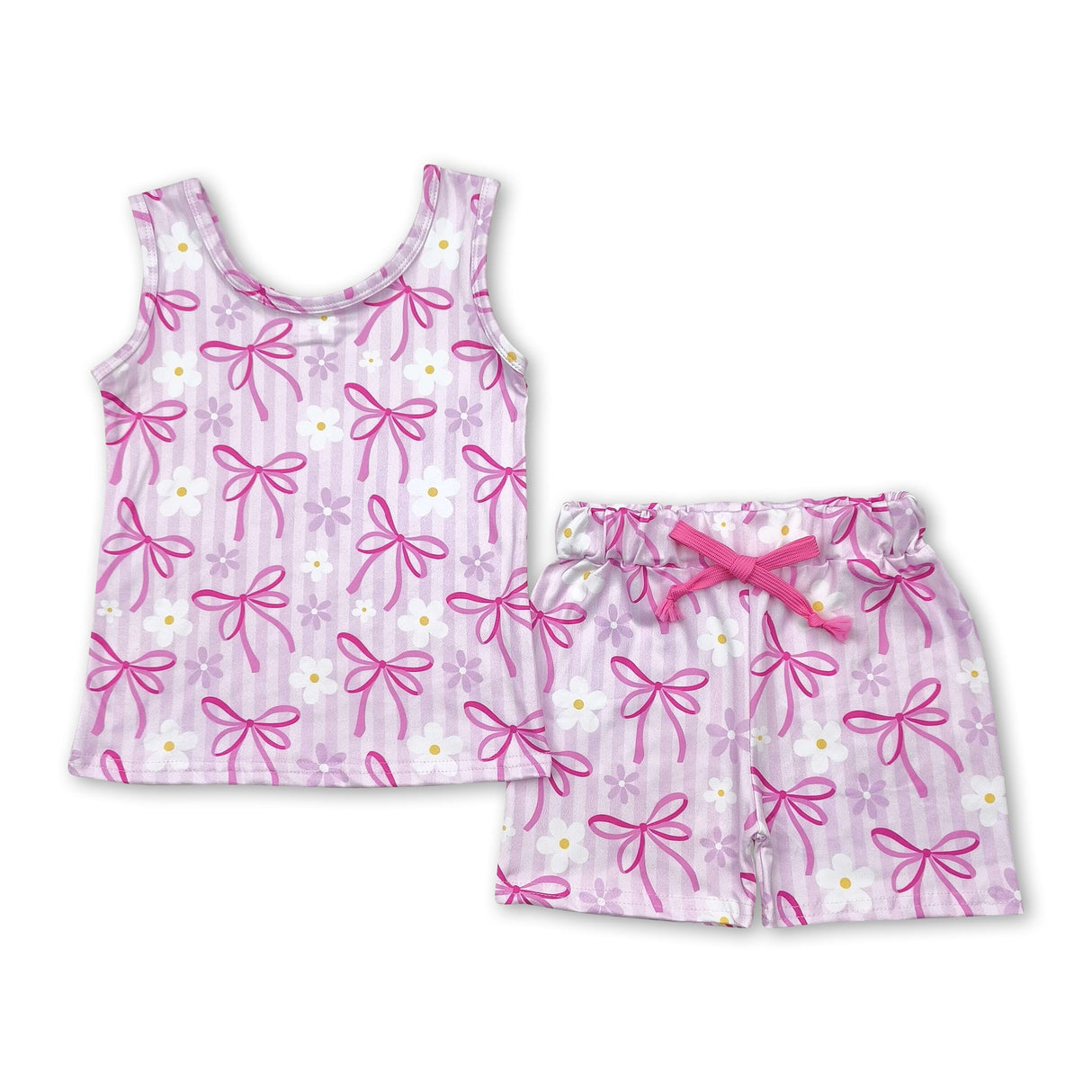Sleeveless pink bow floral kids girls summer clothes