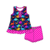 Sleeveless dinosaur ruffle top polka dots shorts girls clothes