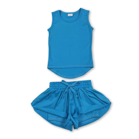 Blue sleeveless top shorts kids girls activewear set