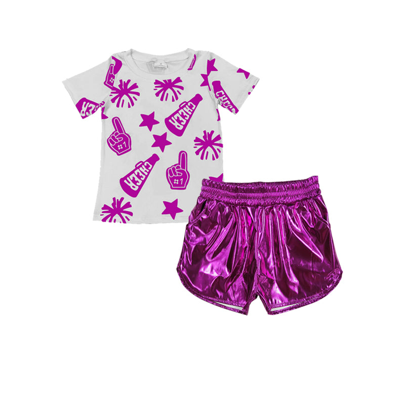 Purple short sleeves cheer top shorts kids girls clothes