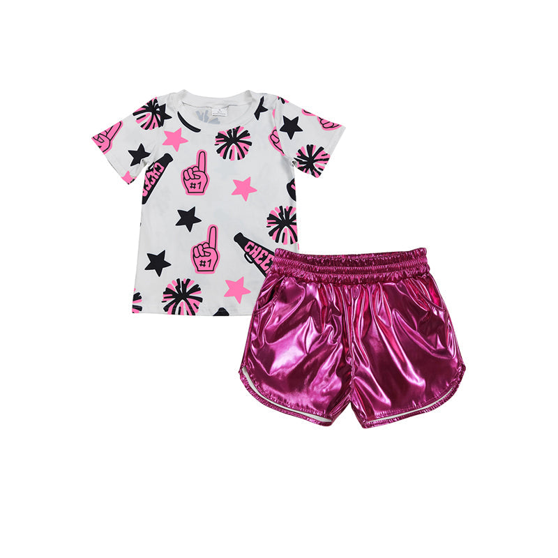Pink short sleeves cheer top shorts kids girls clothes