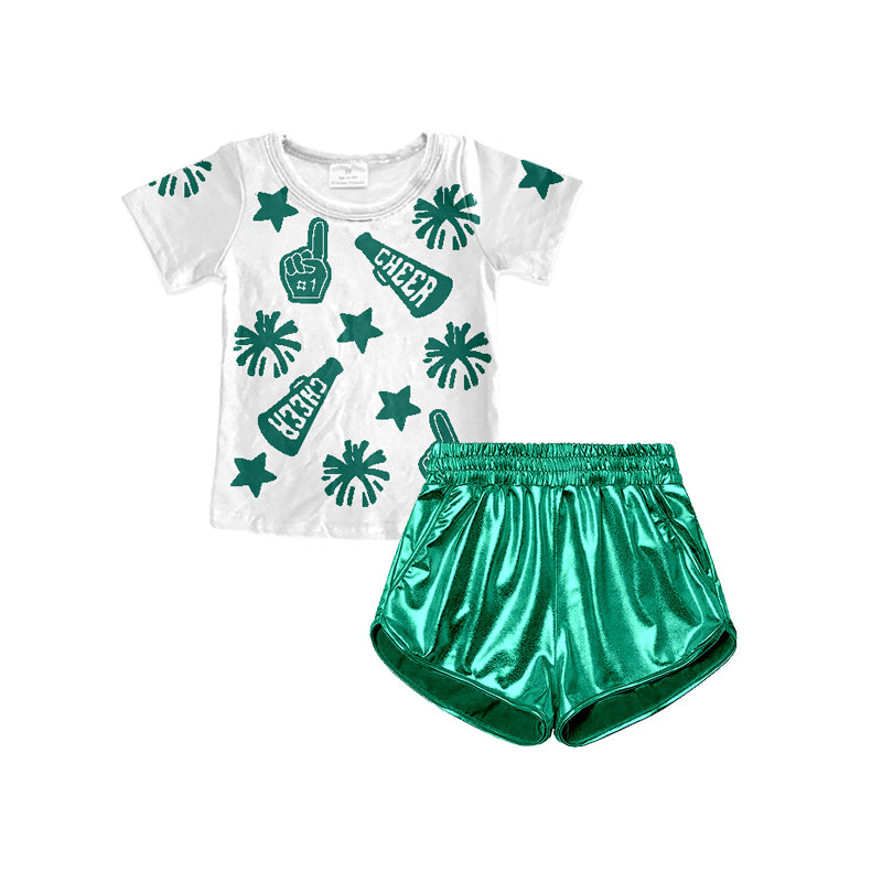 Green short sleeves cheer top shorts kids girls clothes