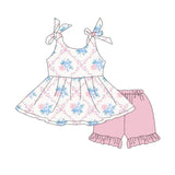 Straps pink floral tunic ruffle shorts girls clothing set