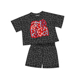 Short sleeves black leopard America girls 4th of july set