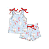 Sleeveless baseball bow top shorts kids girls clothing set