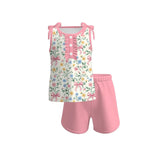 Sleeveless floral bow top pink shorts girls summer clothes
