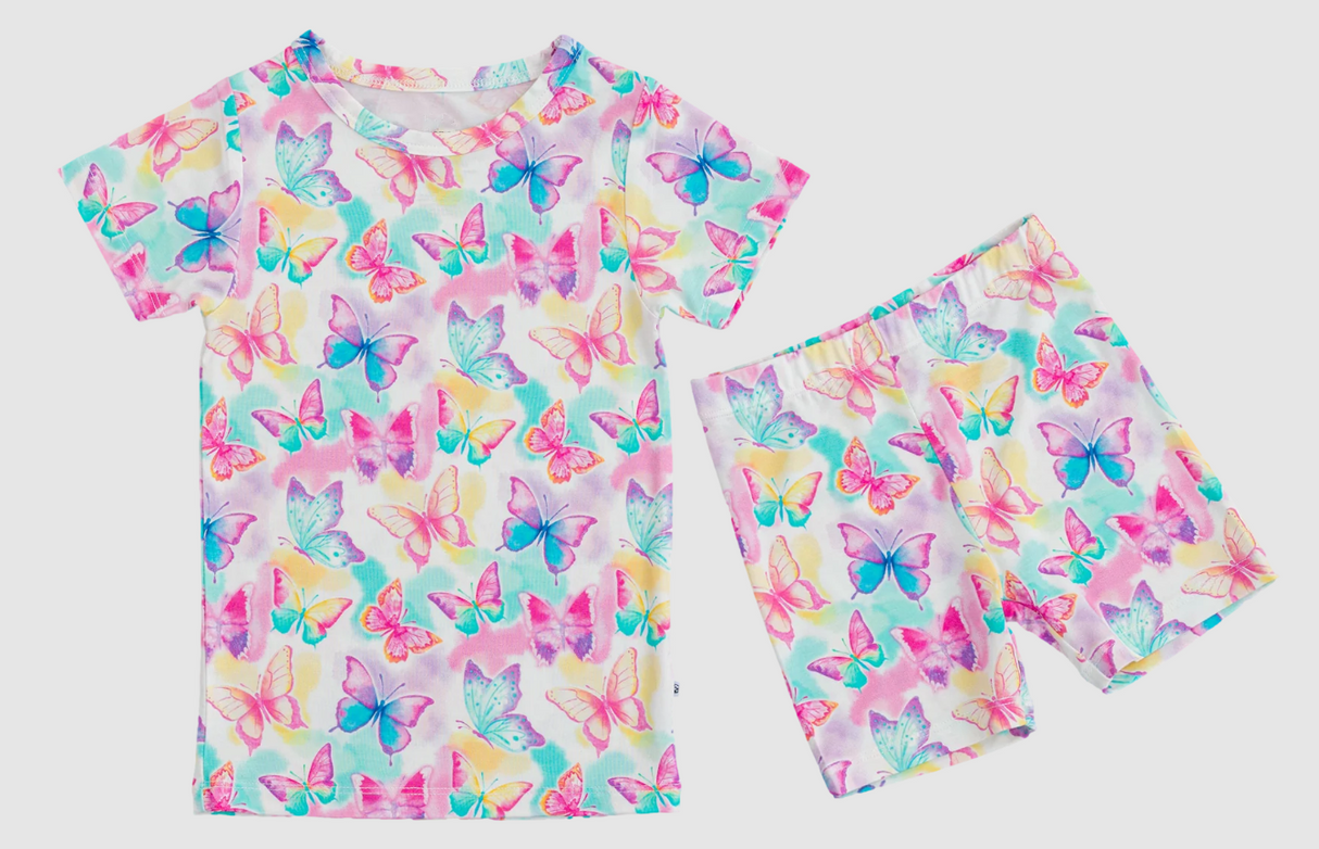 Short sleeves colorful butterfly top shorts girls pajamas