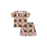 Short sleeves highland cow bow western girls pajamas