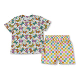 Short sleeves butterfly top colorful plaid shorts girls pajamas