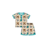 Turquoise cow bow print western kids girls pajamas