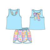 Light blue sleeveless bow top floral shorts girls clothes