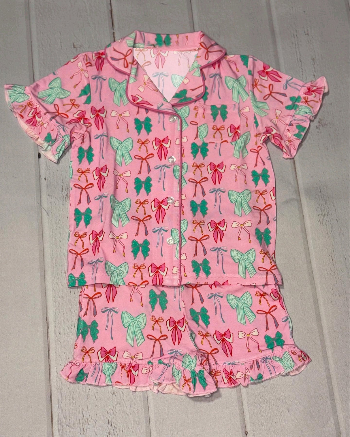 Ruffle short sleeves colorful bow kids girls button down pajamas