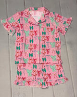Ruffle short sleeves colorful bow kids girls button down pajamas