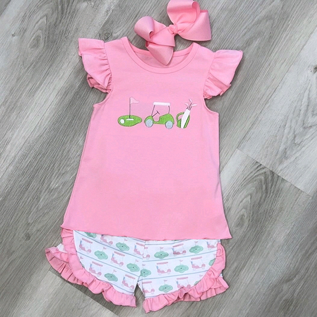 Flutter sleeves golf top ruffle shorts girls clothing set