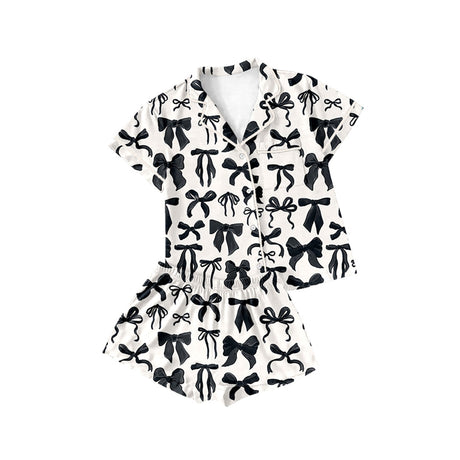 Short sleeves black bow girls button down pajamas