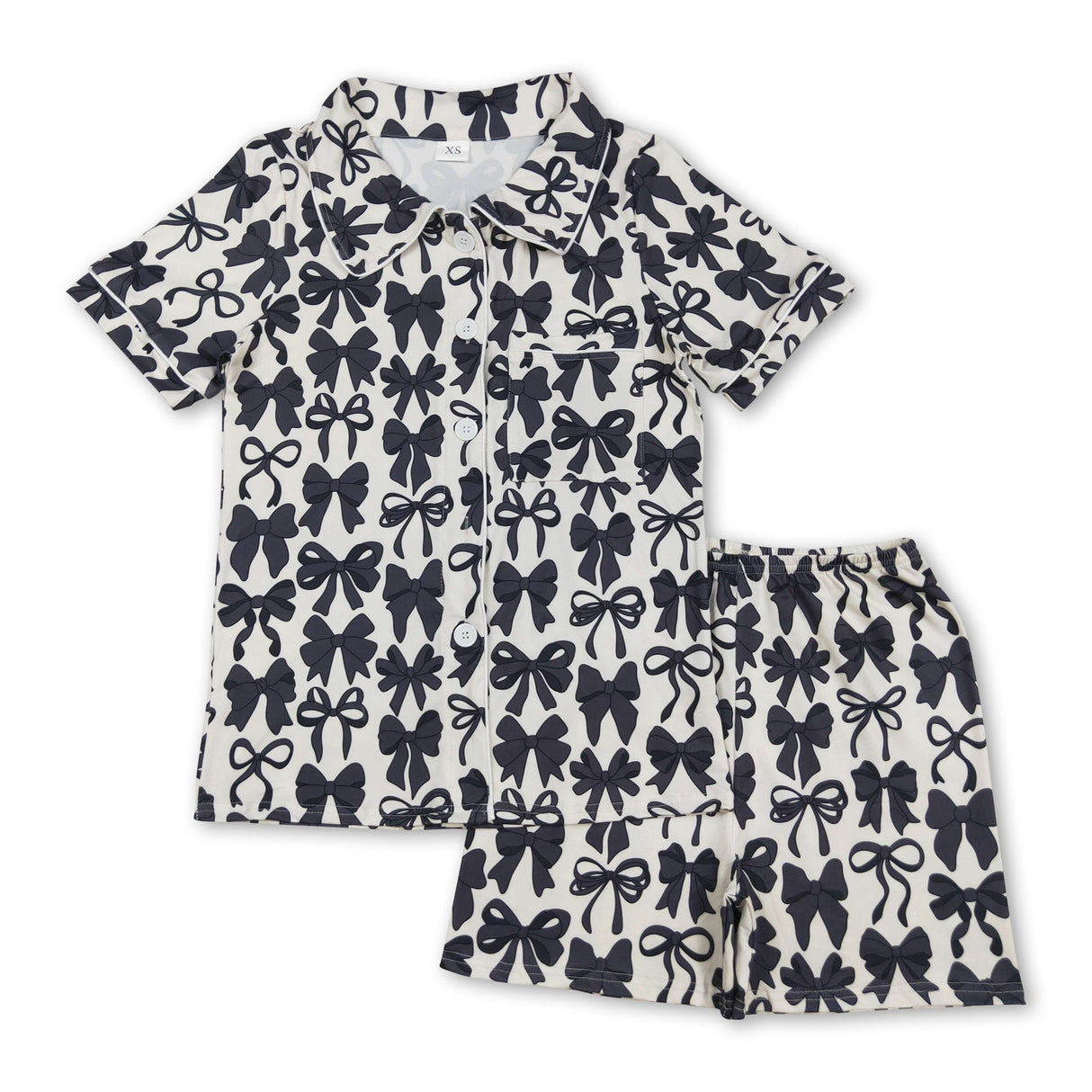Black bow adult women summer button down pajamas