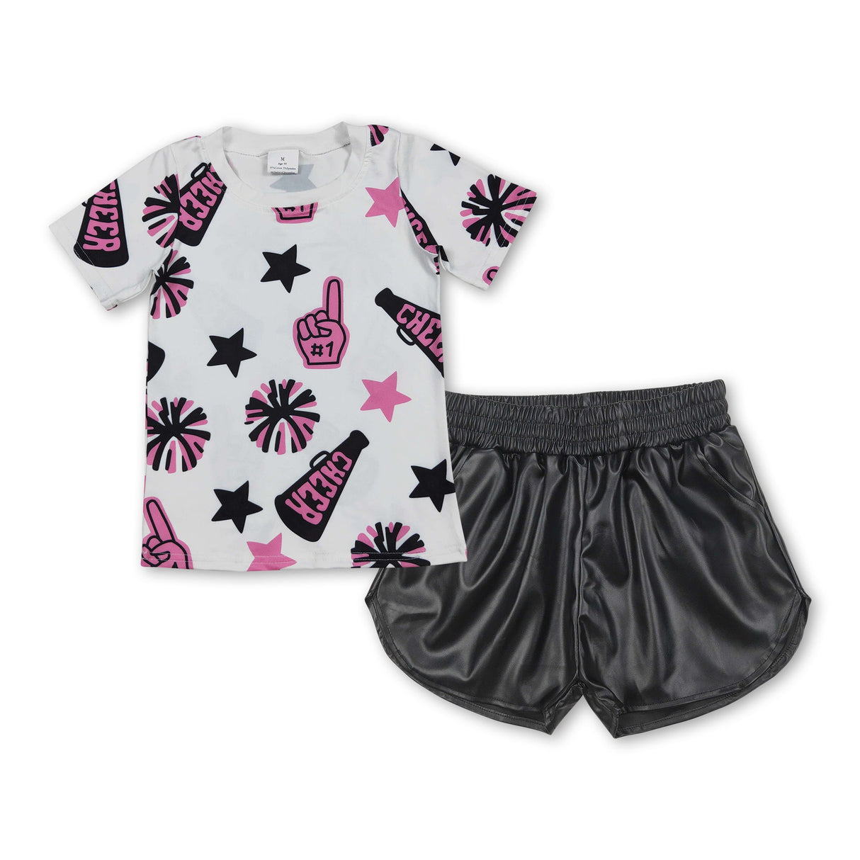 Short sleeves pink stars cheer top black shorts girls clothes