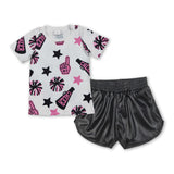Short sleeves pink stars cheer top black shorts girls clothes