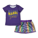 Purple Mardi Gras top stripe sequin shorts girls clothes