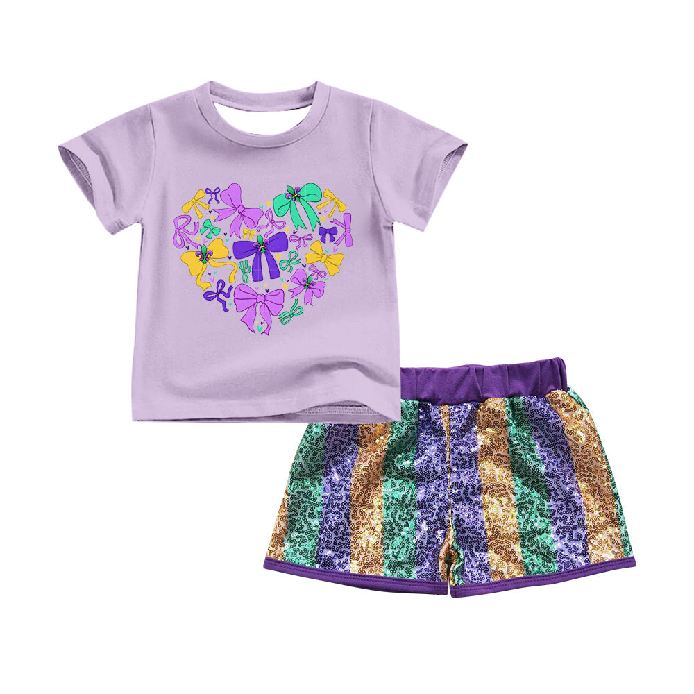 Short sleeves  purple yellow green bows kids girl summer outfits