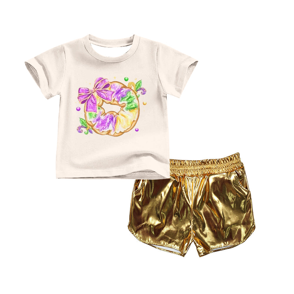 yellow Short sleeves  purple yellow green bows kids girl summer outfits
