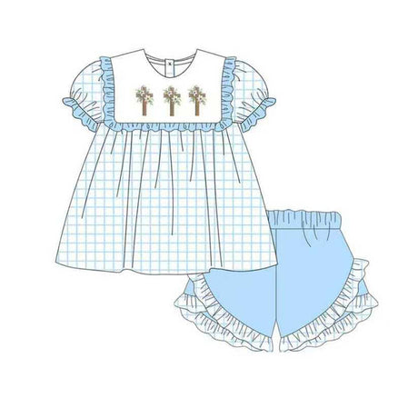 blue plaid print girl cross short sleeve set