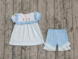 blue plaid print girl cross short sleeve set