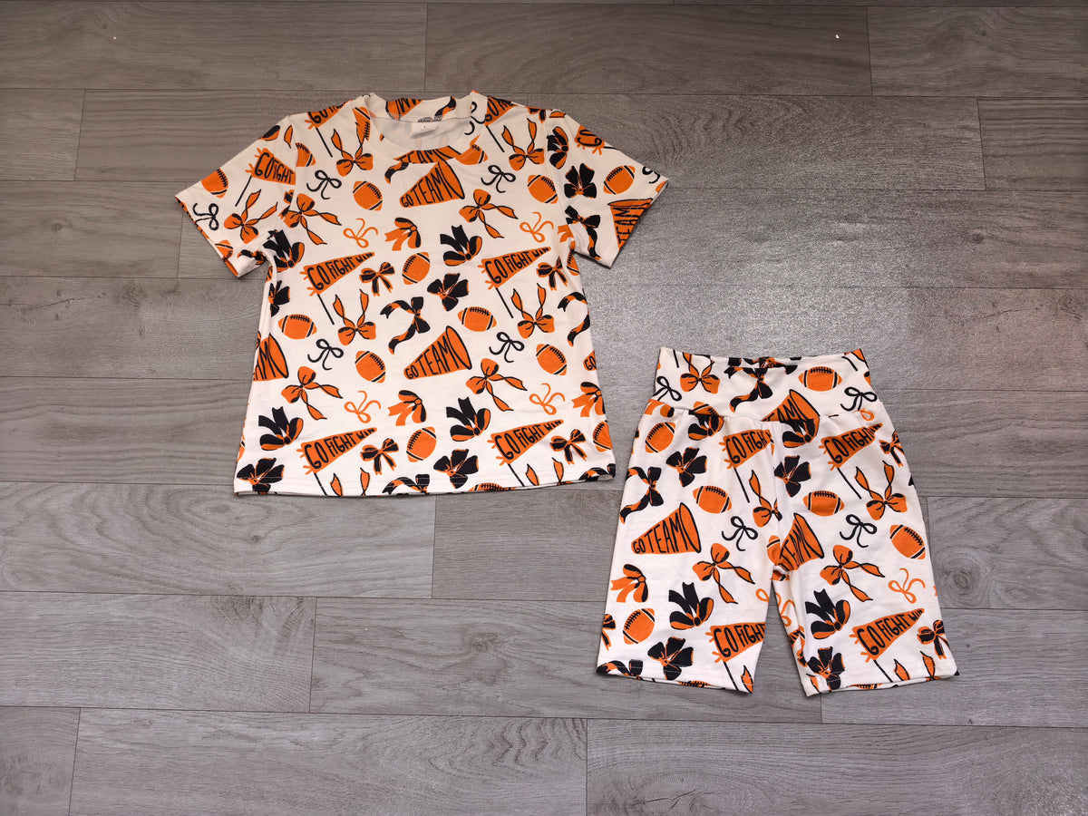 orange black bows gesture football girl short sleeve set