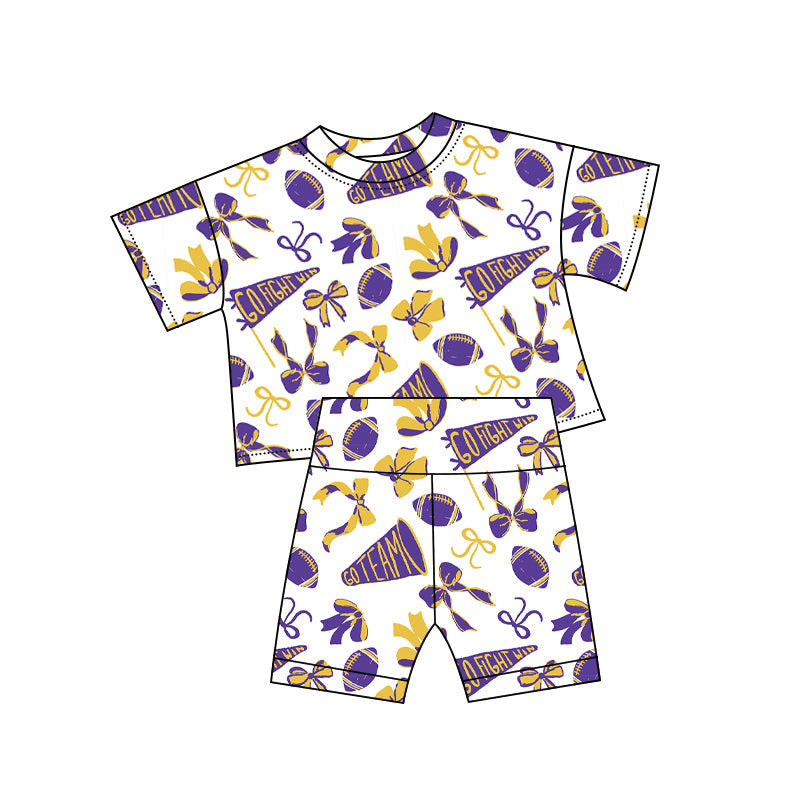 purple yellow bows gesture football girl short sleeve set