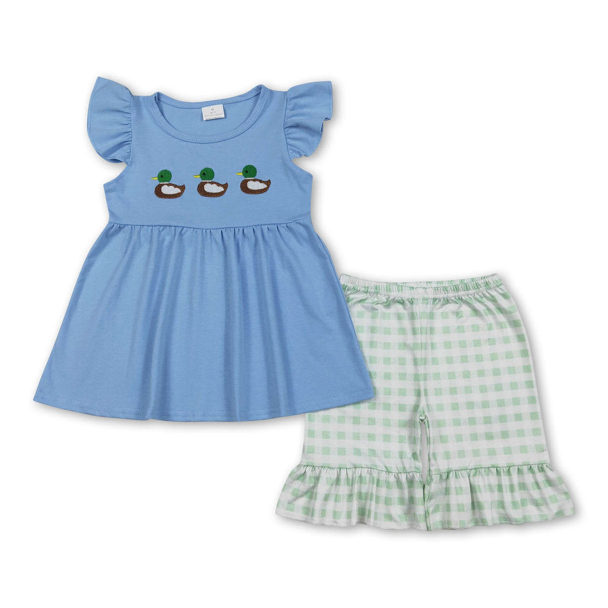 Flutter sleeves duck embroidery tunic shorts girls outfits