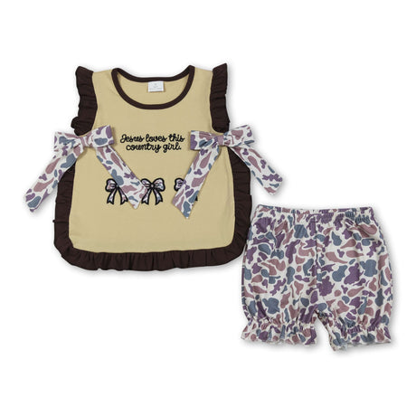 Jesus loves country girl camo bow top shorts toddler outfits