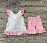 Flutter sleeves stripe bow floral top shorts girls clothes