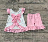 Flutter sleeves stripe bow floral top shorts girls clothes