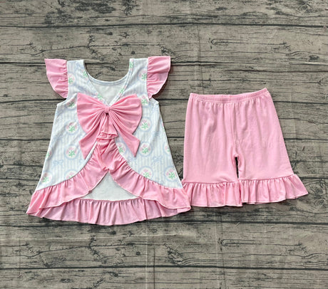Flutter sleeves stripe bow floral top shorts girls clothes