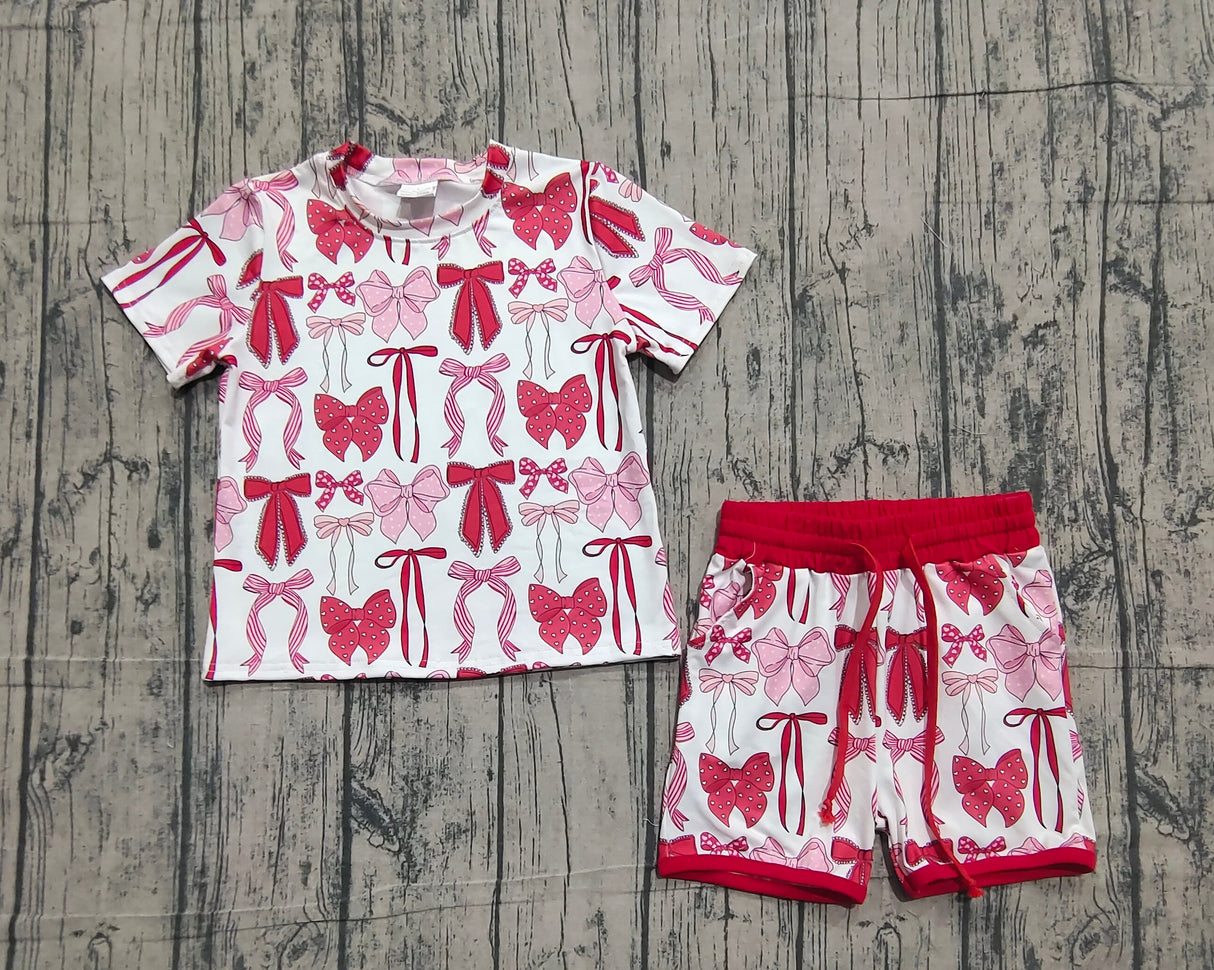 Short sleeves red bow top shorts kids girls summer outfits