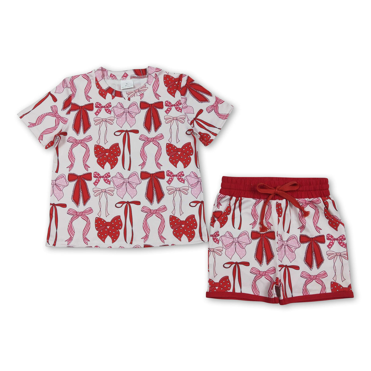 Short sleeves red bow top shorts kids girls summer outfits