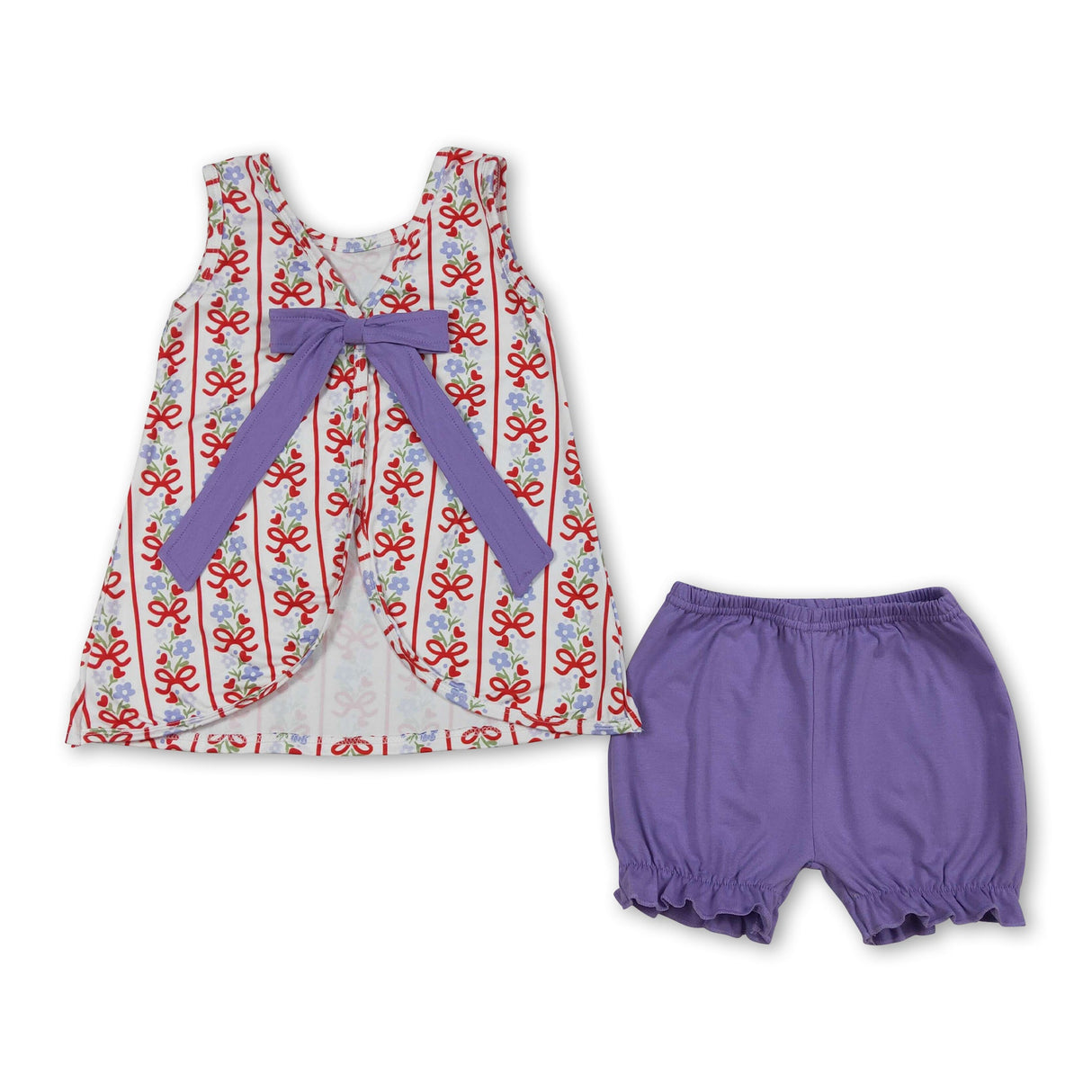 Sleeveless floral bow tunic purple shorts girls outfits