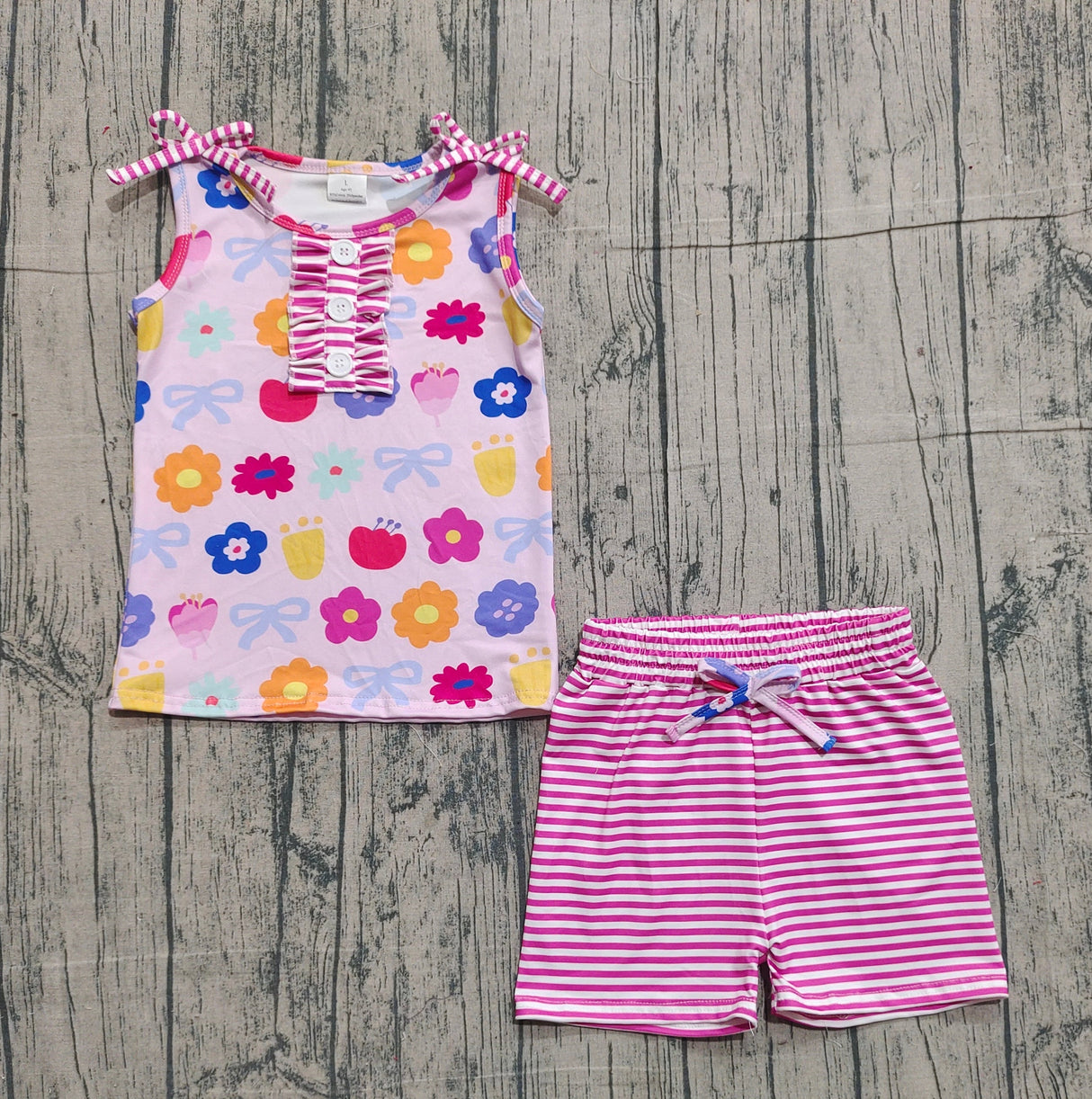 Sleeveless floral bow top stripe shorts girls clothing set