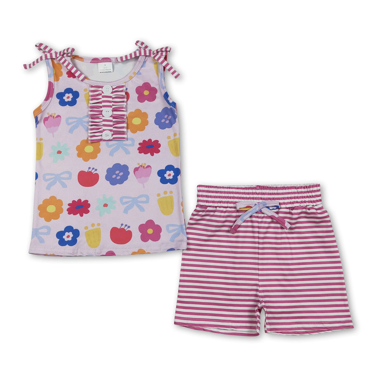 Sleeveless floral bow top stripe shorts girls clothing set