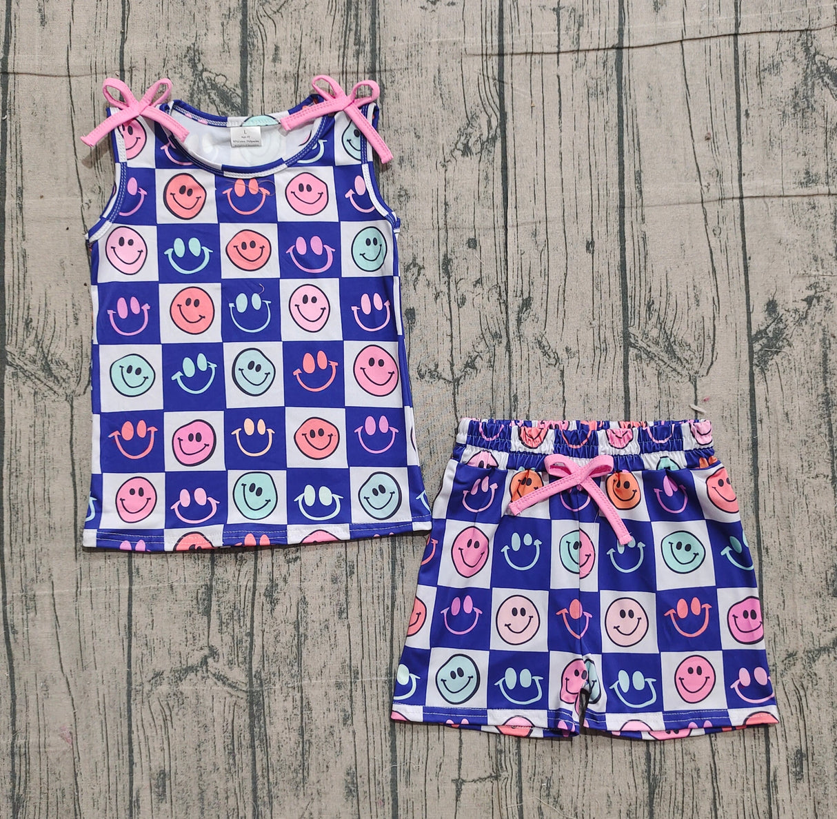 Sleeveless blue plaid smile top shorts girls clothing set