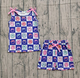 Sleeveless blue plaid smile top shorts girls clothing set