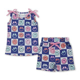 Sleeveless blue plaid smile top shorts girls clothing set